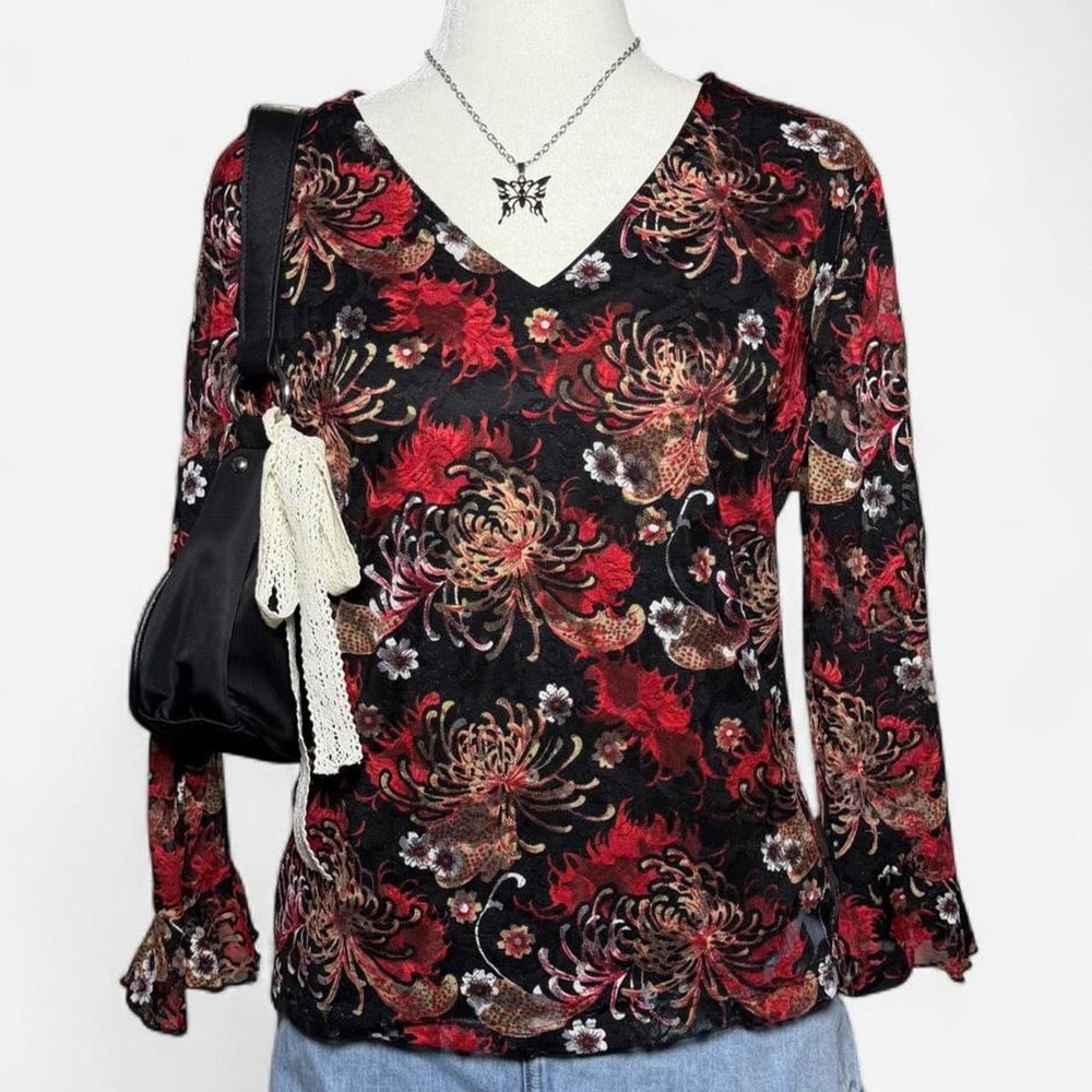 Bay Studio Vintage Whimsygoth Floral Lace V-Neck Bell Sleeve Top Black Red Gold